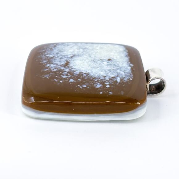Brown White Fused Glass Pendant | Large Sterling Silver Bail Necklace Charm - Picture 3 of 7